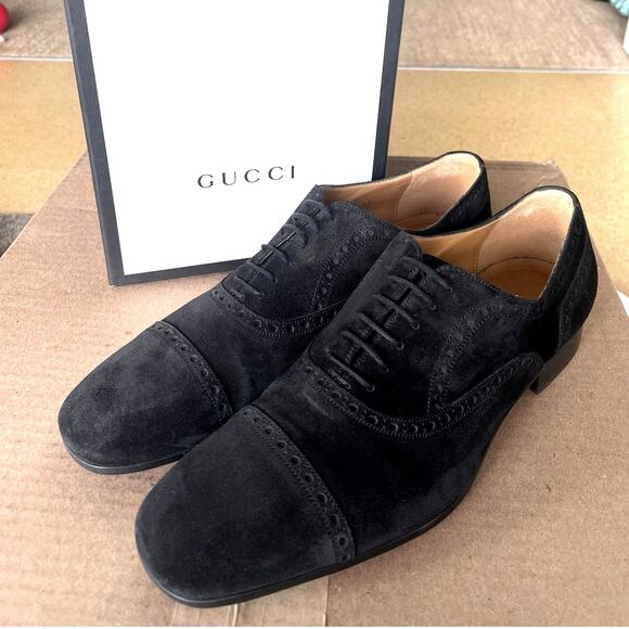 Gucci 12.5 Goodyear Brogue Oxfords Suede Square Toe Loafers Dress Shoe Black - Picture 1 of 11